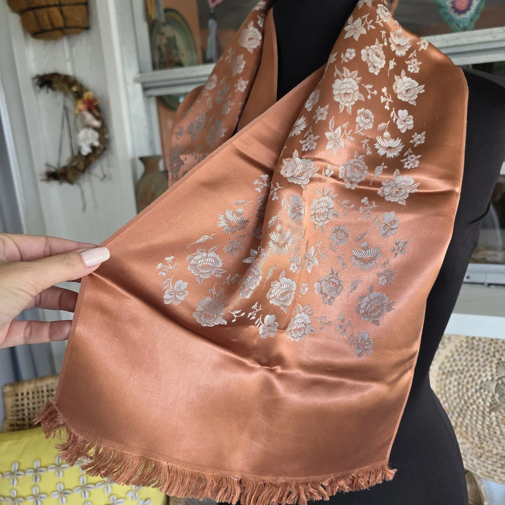 Vintage 70s Silky Woven Floral Scarf Copper Shimmer Boho Chic